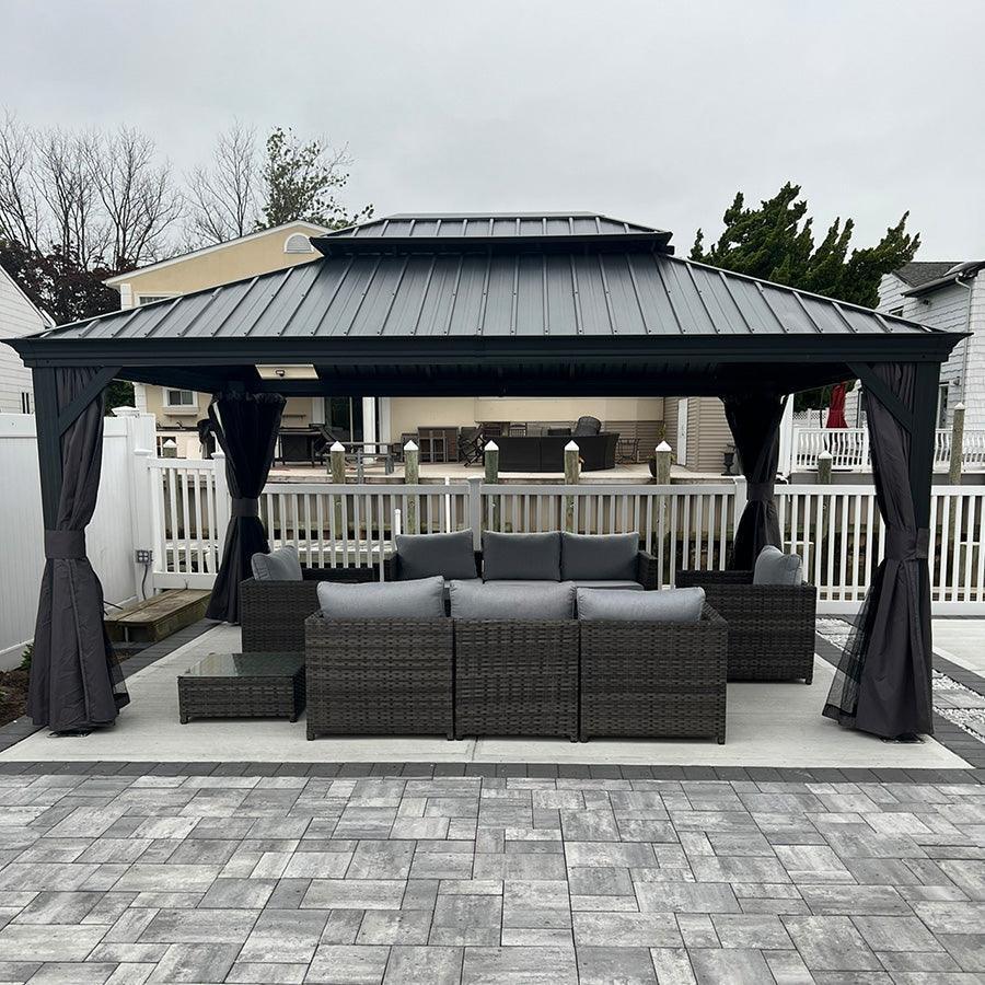 PURPLE LEAF Patio Gazebo for Backyard Grey Hardtop Galvanized Steel Roof Awning with Upgrade Curtain