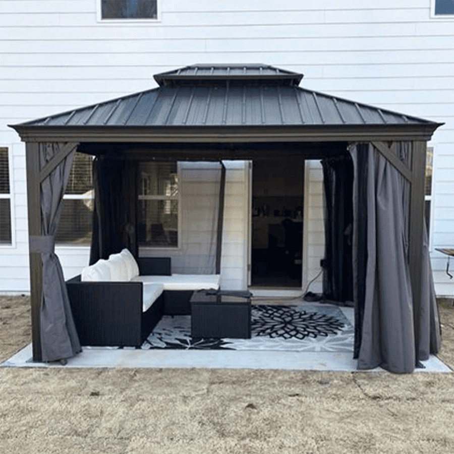 PURPLE LEAF Patio Gazebo for Backyard Grey Hardtop Galvanized Steel Roof Awning with Upgrade Curtain
