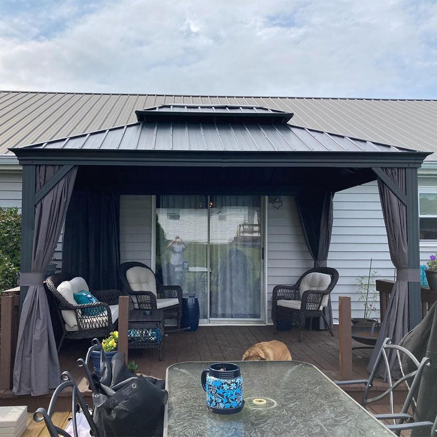 PURPLE LEAF Patio Gazebo for Backyard Grey Hardtop Galvanized Steel Roof Awning with Upgrade Curtain