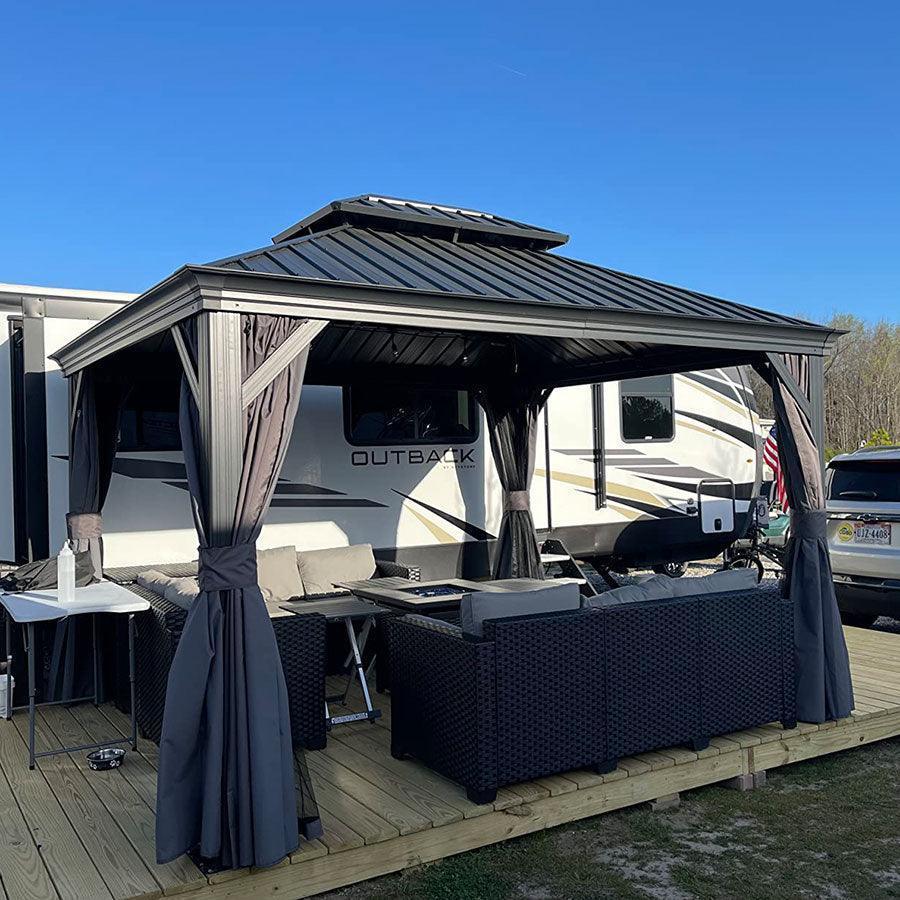 PURPLE LEAF Patio Gazebo for Backyard Grey Hardtop Galvanized Steel Roof Awning with Upgrade Curtain