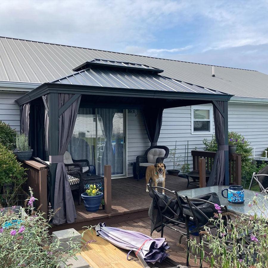 PURPLE LEAF Patio Gazebo for Backyard Grey Hardtop Galvanized Steel Roof Awning with Upgrade Curtain