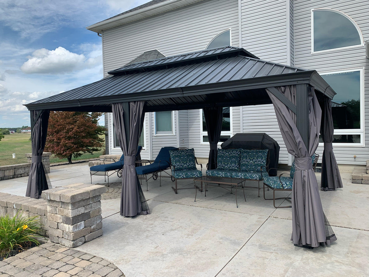 PURPLE LEAF Patio Gazebo for Backyard Grey Hardtop Galvanized Steel Roof Awning with Upgrade Curtain