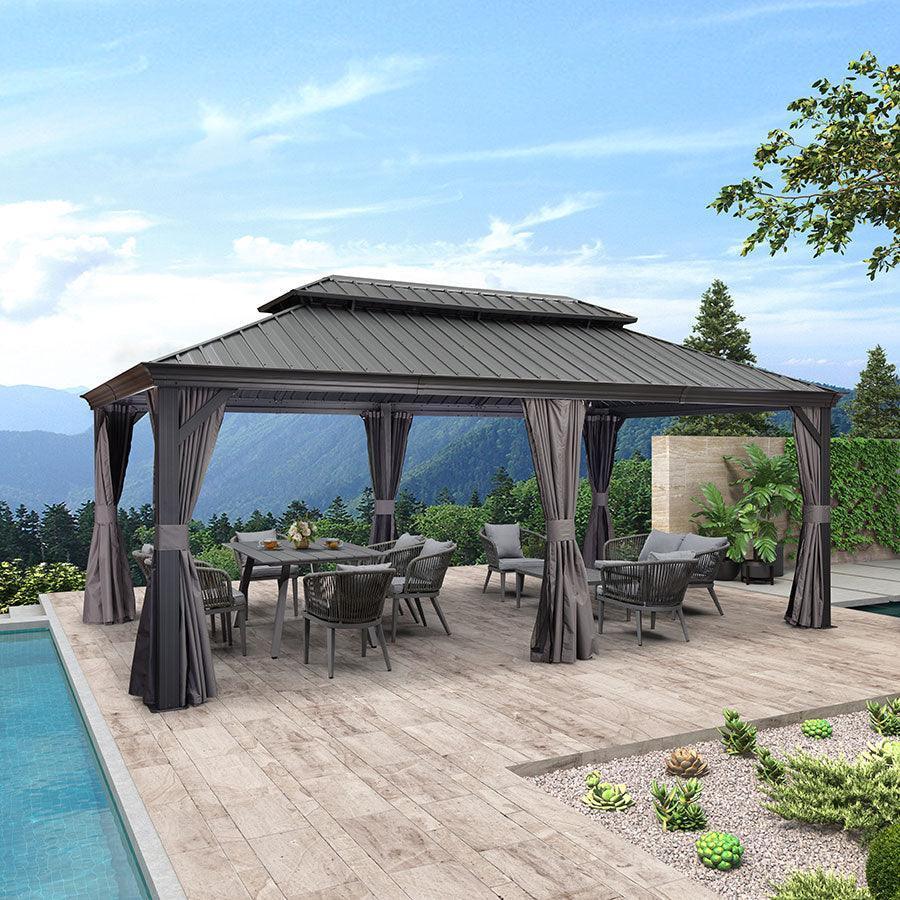 PURPLE LEAF Patio Gazebo for Backyard Grey Hardtop Galvanized Steel Roof Awning with Upgrade Curtain