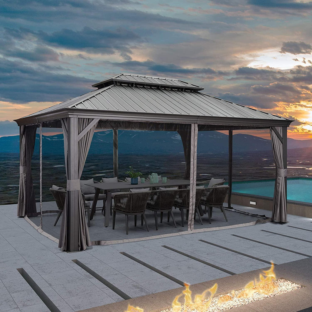 PURPLE LEAF Patio Gazebo for Backyard Grey Hardtop Galvanized Steel Roof Awning with Upgrade Curtain