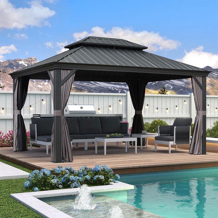 PURPLE LEAF Patio Gazebo for Backyard Grey Hardtop Galvanized Steel Roof Awning with Upgrade Curtain