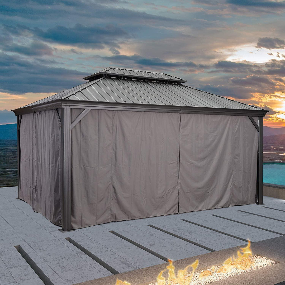 PURPLE LEAF Patio Gazebo for Backyard Grey Hardtop Galvanized Steel Roof Awning with Upgrade Curtain