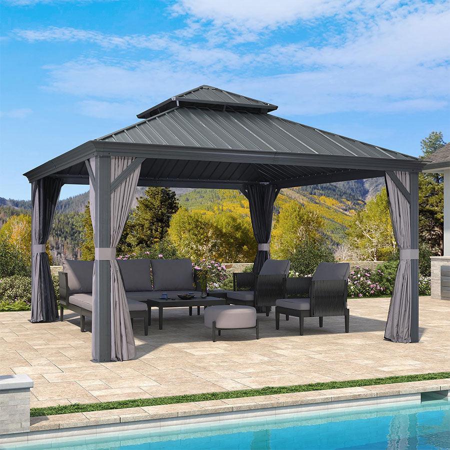 PURPLE LEAF Patio Gazebo for Backyard Grey Hardtop Galvanized Steel Roof Awning with Upgrade Curtain
