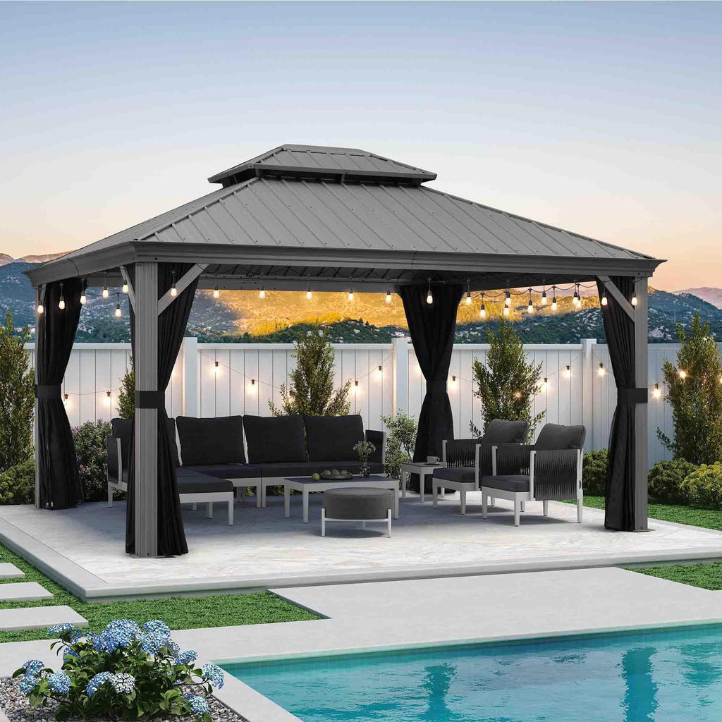 PURPLE LEAF Patio Gazebo for Pool Light Grey Hardtop Galvanized Steel Roof with String Lights-clear