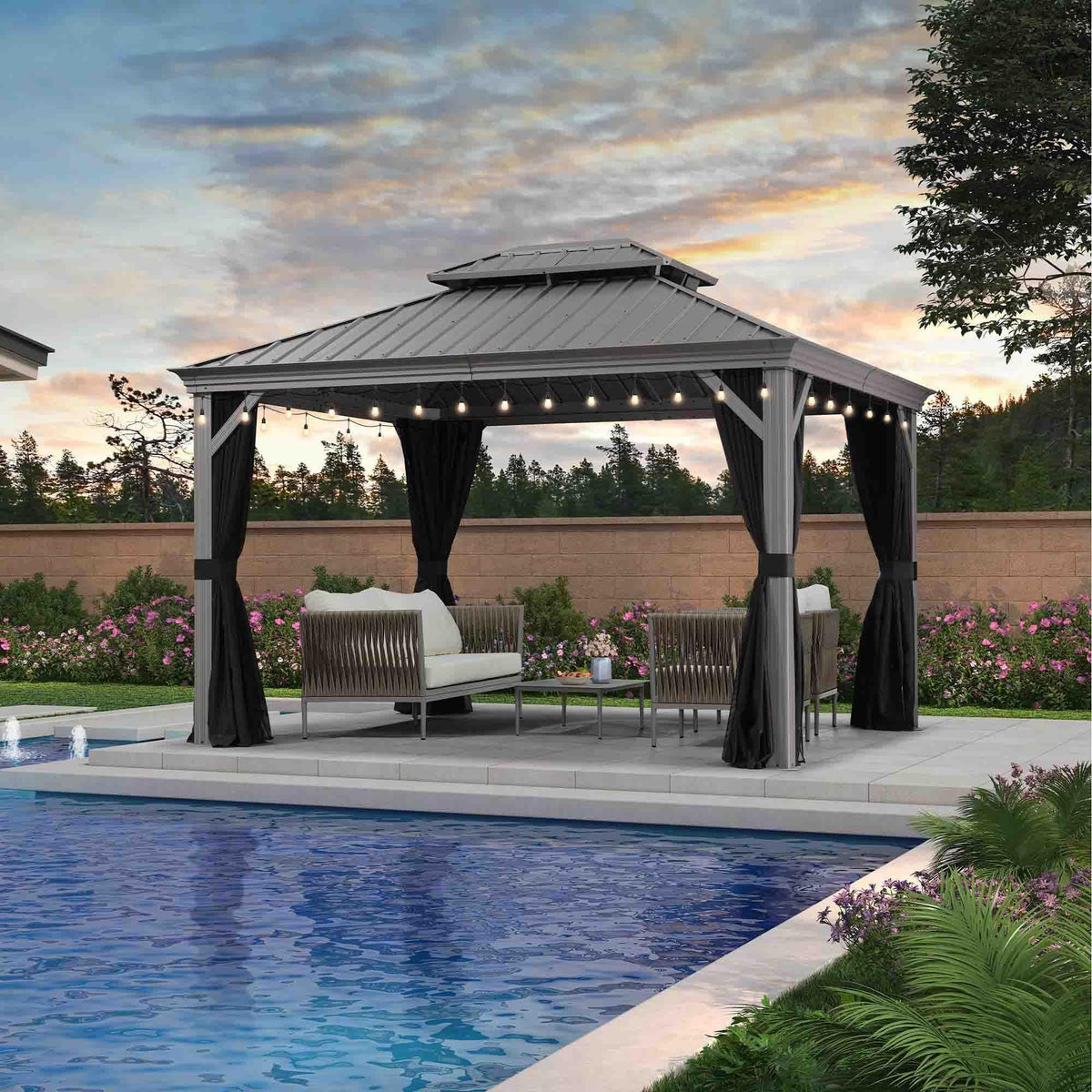 PURPLE LEAF Patio Gazebo for Pool Light Grey Hardtop Galvanized Steel Roof with String Lights-clear