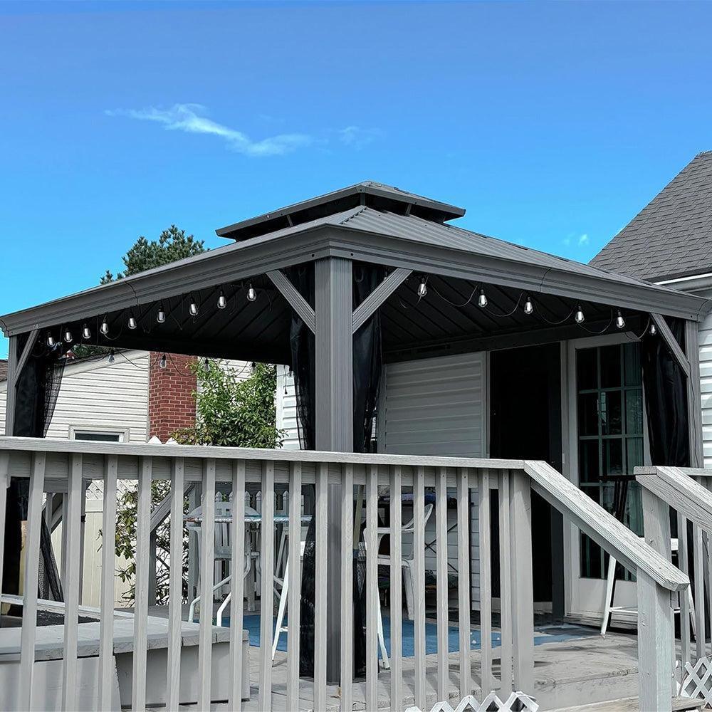 PURPLE LEAF Patio Gazebo for Pool Light Grey Hardtop Galvanized Steel Roof with String Lights-clear