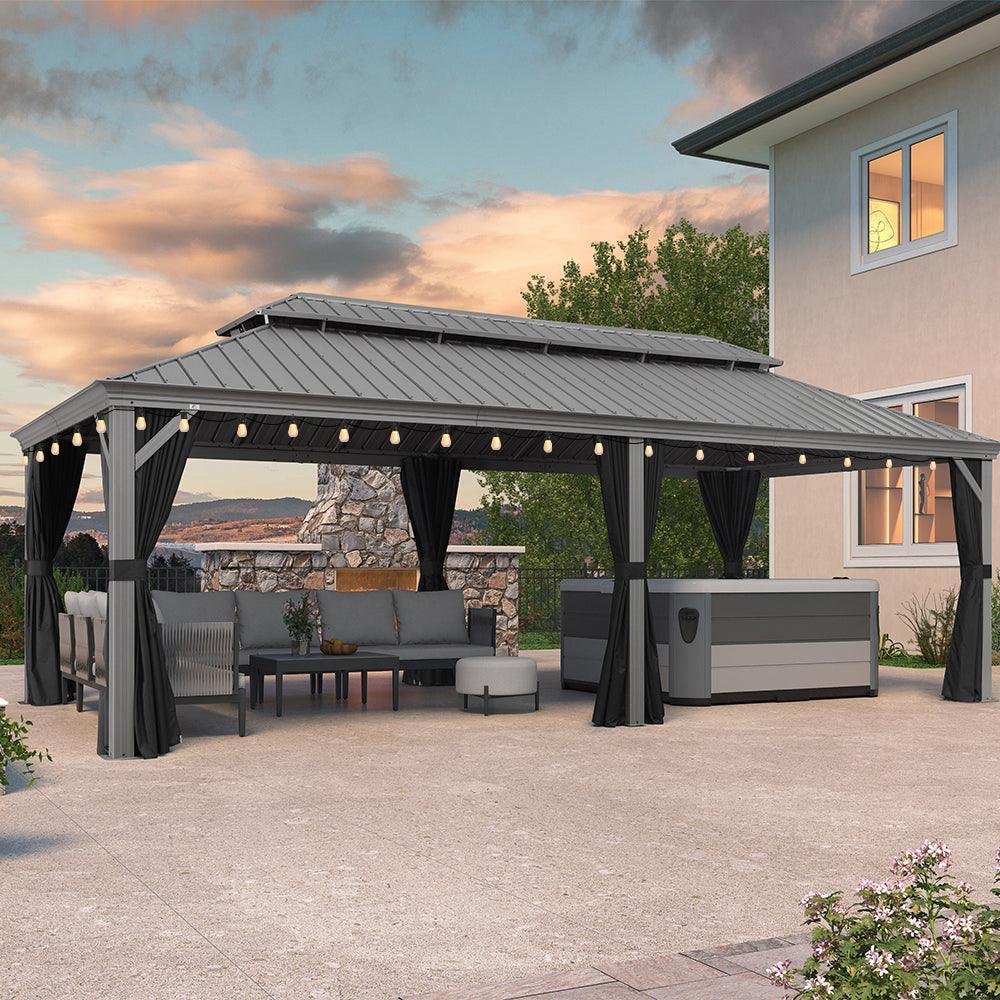 PURPLE LEAF Patio Gazebo for Pool Light Grey Hardtop Galvanized Steel Roof with String Lights-clear