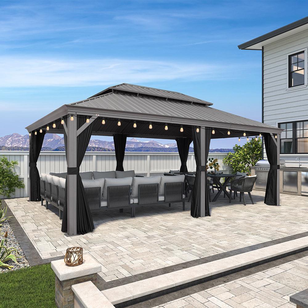 PURPLE LEAF Patio Gazebo for Pool Light Grey Hardtop Galvanized Steel Roof with String Lights-clear
