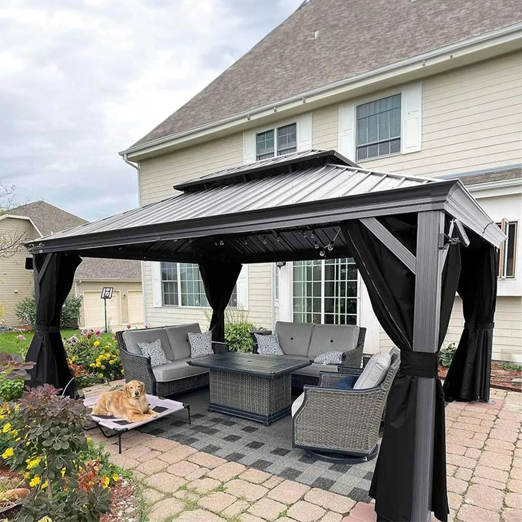 PURPLE LEAF Patio Gazebo for Pool Light Grey Hardtop Galvanized Steel Roof with String Lights-milky