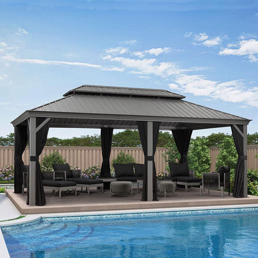 PURPLE LEAF Patio Gazebo for Pool Light Grey Hardtop Galvanized Steel Roof with Upgraded Curtains