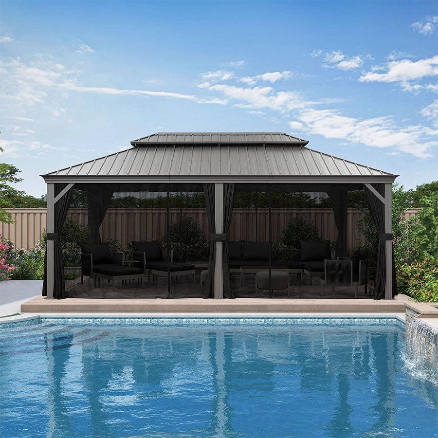 PURPLE LEAF Patio Gazebo for Pool Light Grey Hardtop Galvanized Steel Roof with Upgraded Curtains