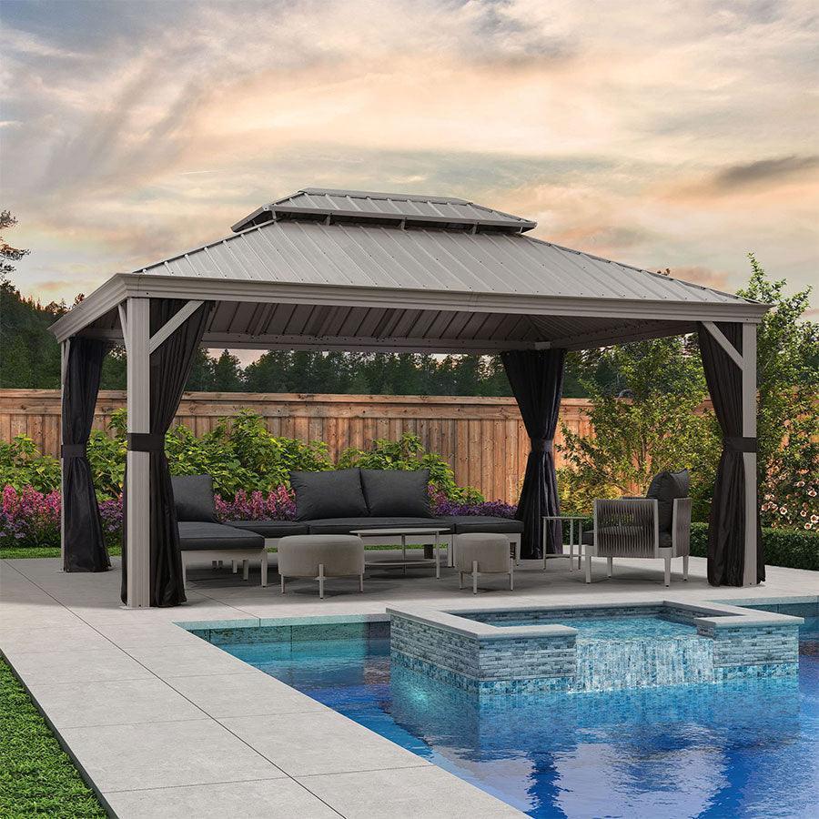 PURPLE LEAF Patio Gazebo for Pool Light Grey Hardtop Galvanized Steel Roof with Upgraded Curtains