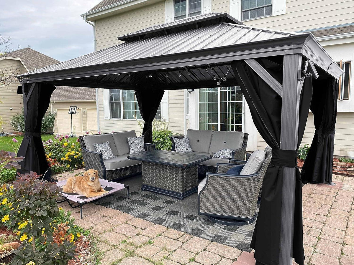 PURPLE LEAF Patio Gazebo for Pool Light Grey Hardtop Galvanized Steel Roof with Upgraded Curtains