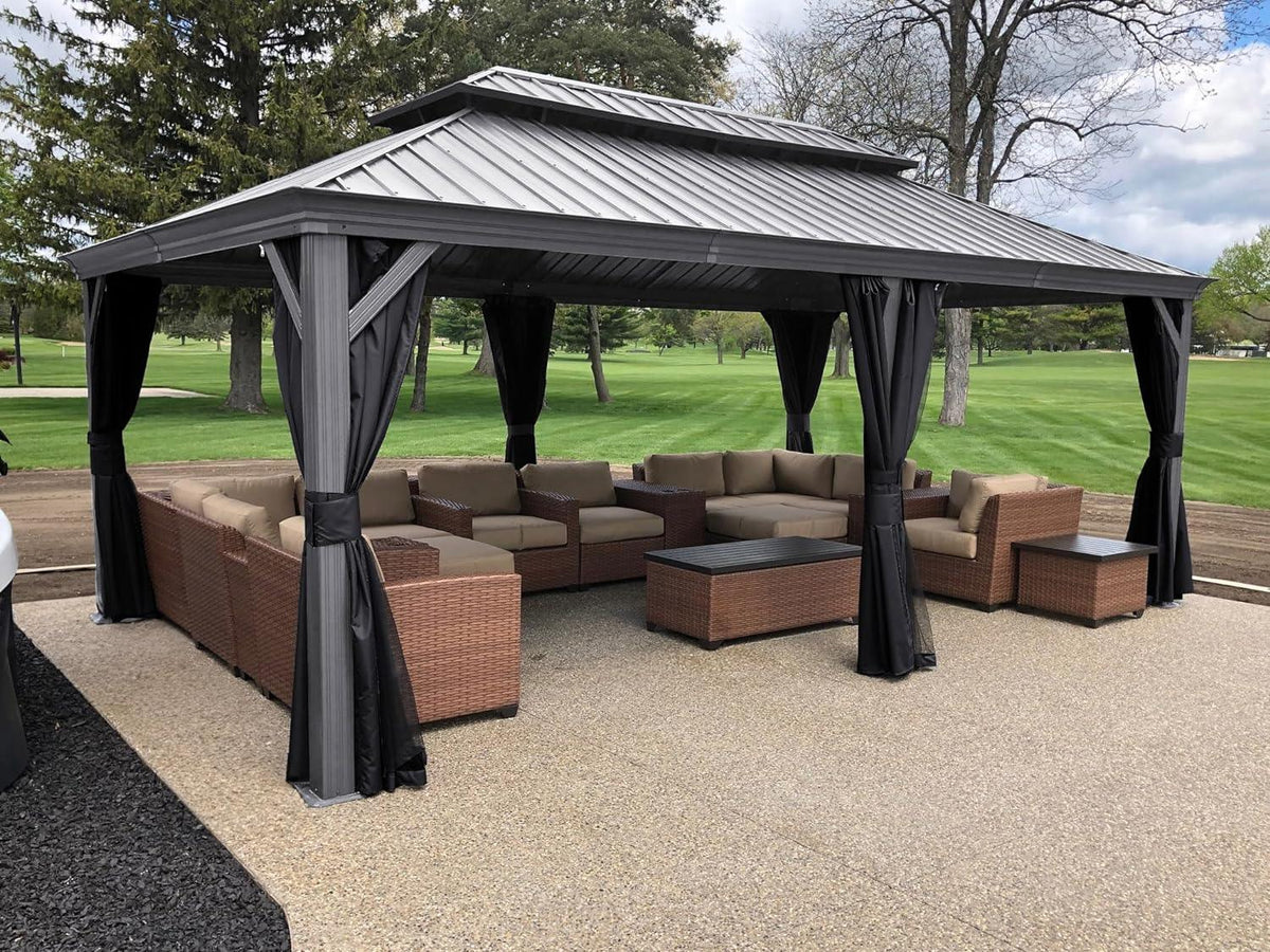 PURPLE LEAF Patio Gazebo for Pool Light Grey Hardtop Galvanized Steel Roof with Upgraded Curtains