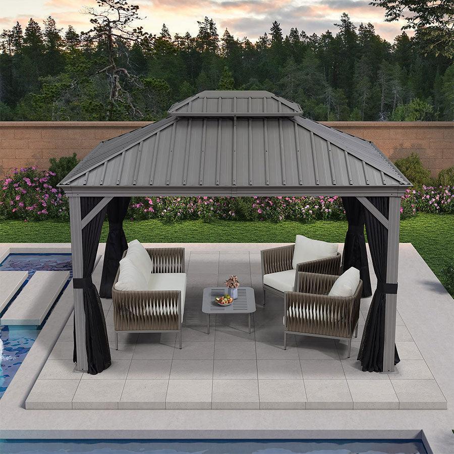 PURPLE LEAF Patio Gazebo for Pool Light Grey Hardtop Galvanized Steel Roof with Upgraded Curtains