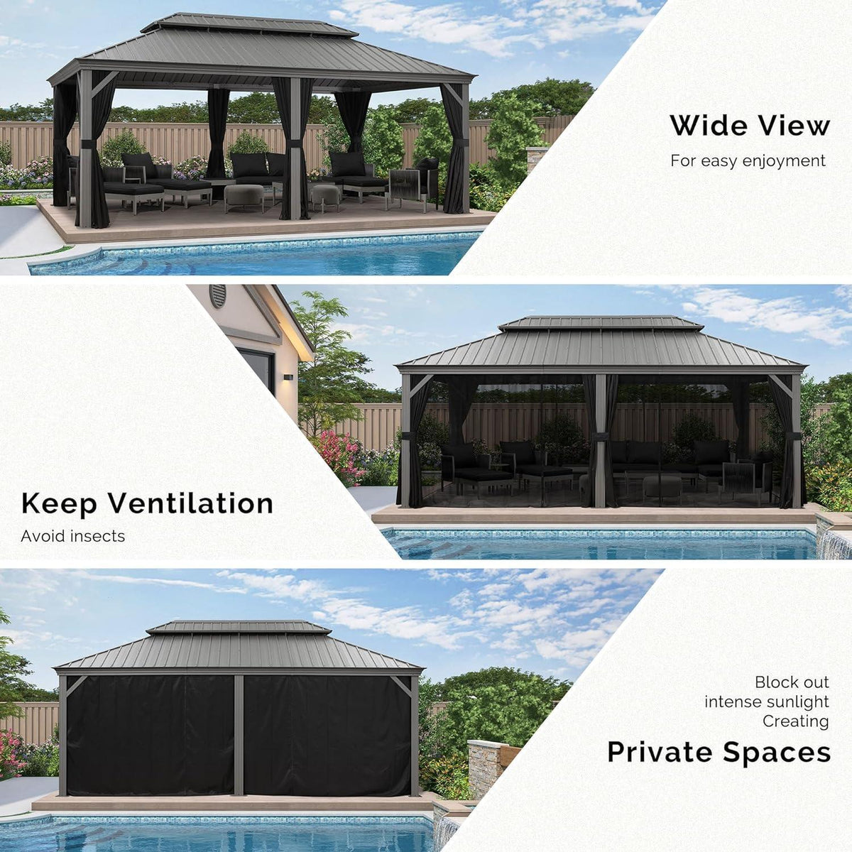 PURPLE LEAF Patio Gazebo for Pool Light Grey Hardtop Galvanized Steel Roof with Upgraded Curtains