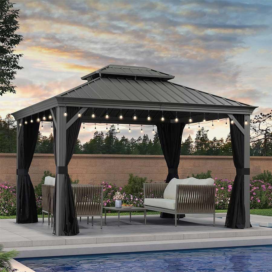 PURPLE LEAF Patio Gazebo for Pool Light Grey Hardtop Galvanized Steel Roof with Upgraded Curtains
