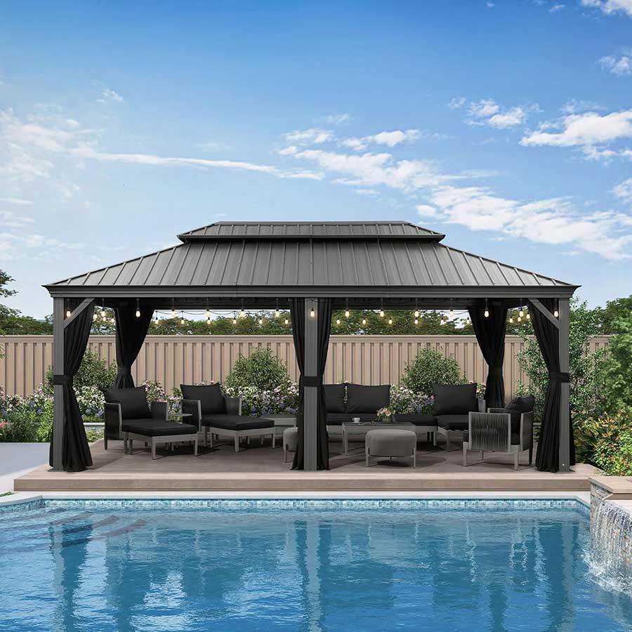 PURPLE LEAF Patio Gazebo for Pool Light Grey Hardtop Galvanized Steel Roof with Upgraded Curtains