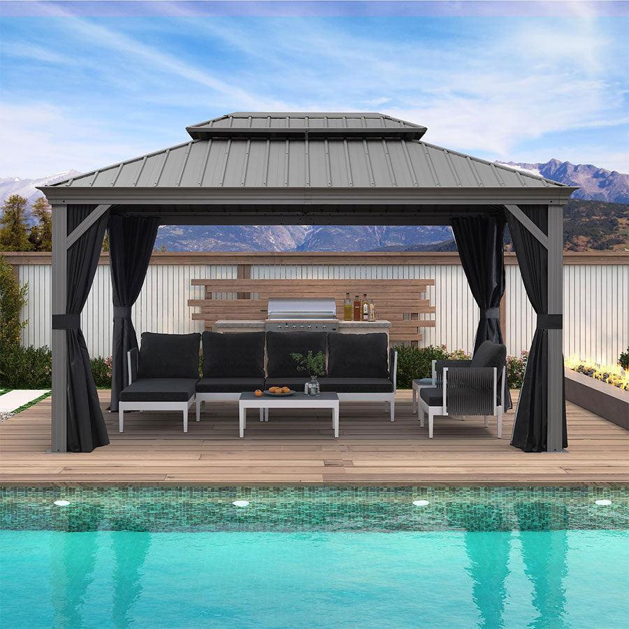 PURPLE LEAF Patio Gazebo for Pool Light Grey Hardtop Galvanized Steel Roof with Upgraded Curtains