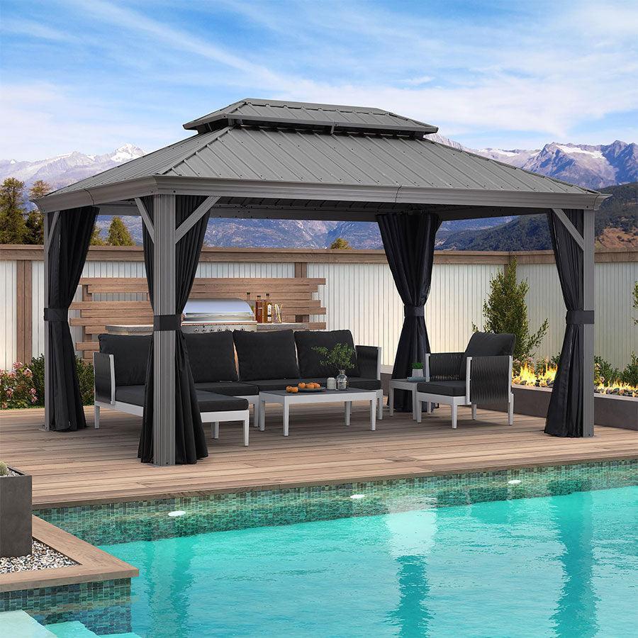 PURPLE LEAF Patio Gazebo for Pool Light Grey Hardtop Galvanized Steel Roof with Upgraded Curtains