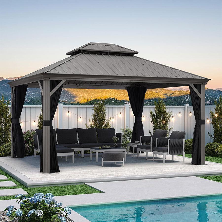 PURPLE LEAF Patio Gazebo for Pool Light Grey Hardtop Galvanized Steel Roof with Upgraded Curtains