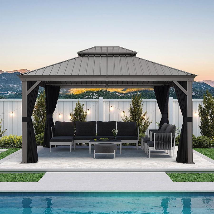 PURPLE LEAF Patio Gazebo for Pool Light Grey Hardtop Galvanized Steel Roof with Upgraded Curtains