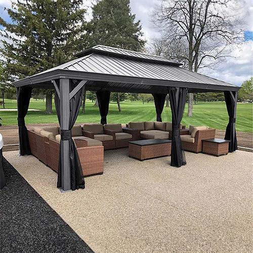 PURPLE LEAF Patio Gazebo for Pool Light Grey Hardtop Galvanized Steel Roof with Upgraded Curtains