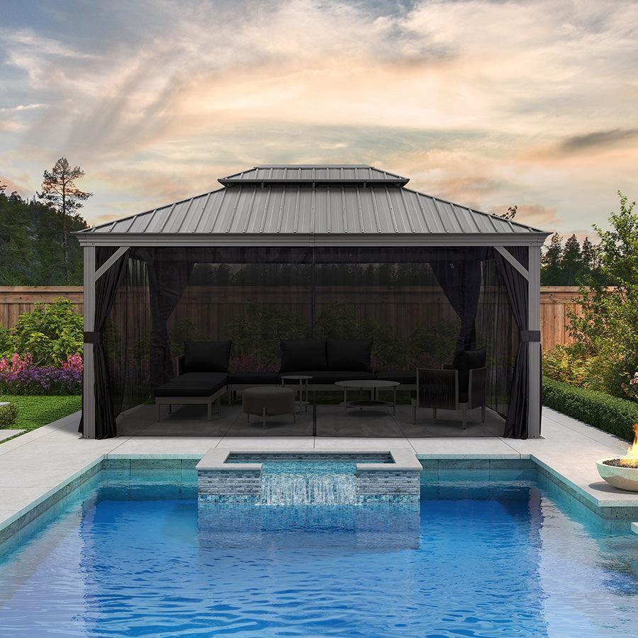 PURPLE LEAF Patio Gazebo for Pool Light Grey Hardtop Galvanized Steel Roof with Upgraded Curtains
