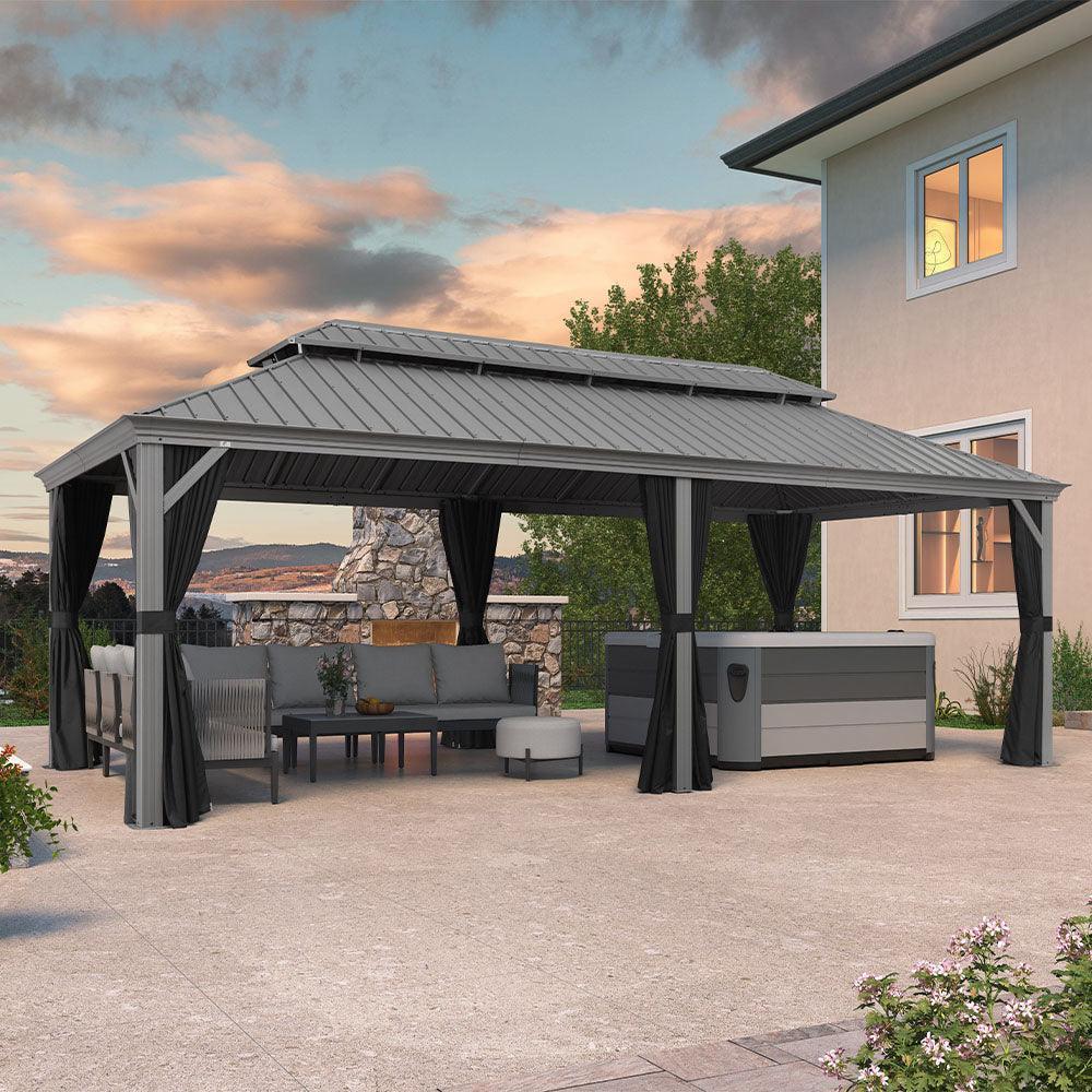PURPLE LEAF Patio Gazebo for Pool Light Grey Hardtop Galvanized Steel Roof with Upgraded Curtains