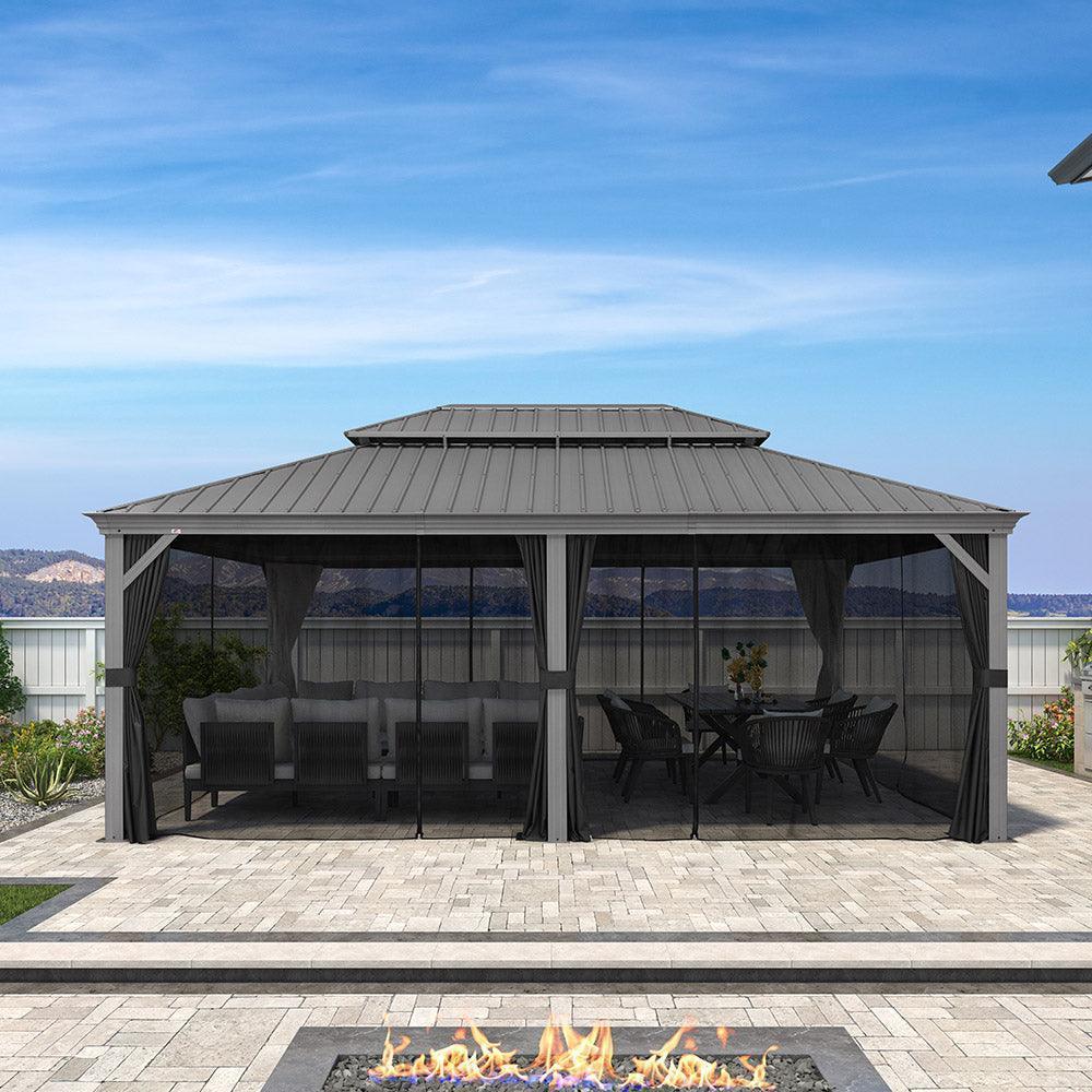 PURPLE LEAF Patio Gazebo for Pool Light Grey Hardtop Galvanized Steel Roof with Upgraded Curtains