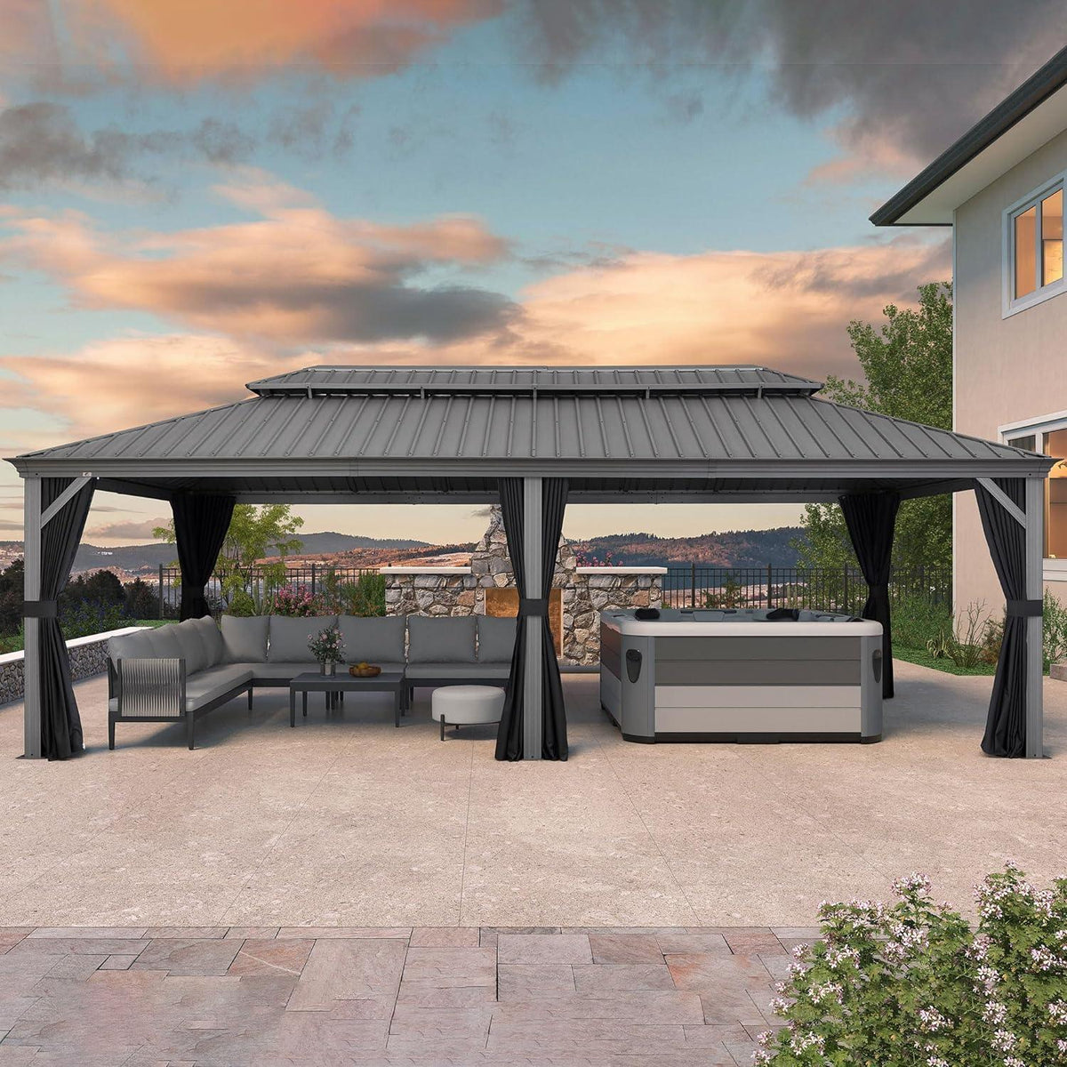 PURPLE LEAF Patio Gazebo for Pool Light Grey Hardtop Galvanized Steel Roof with Upgraded Curtains