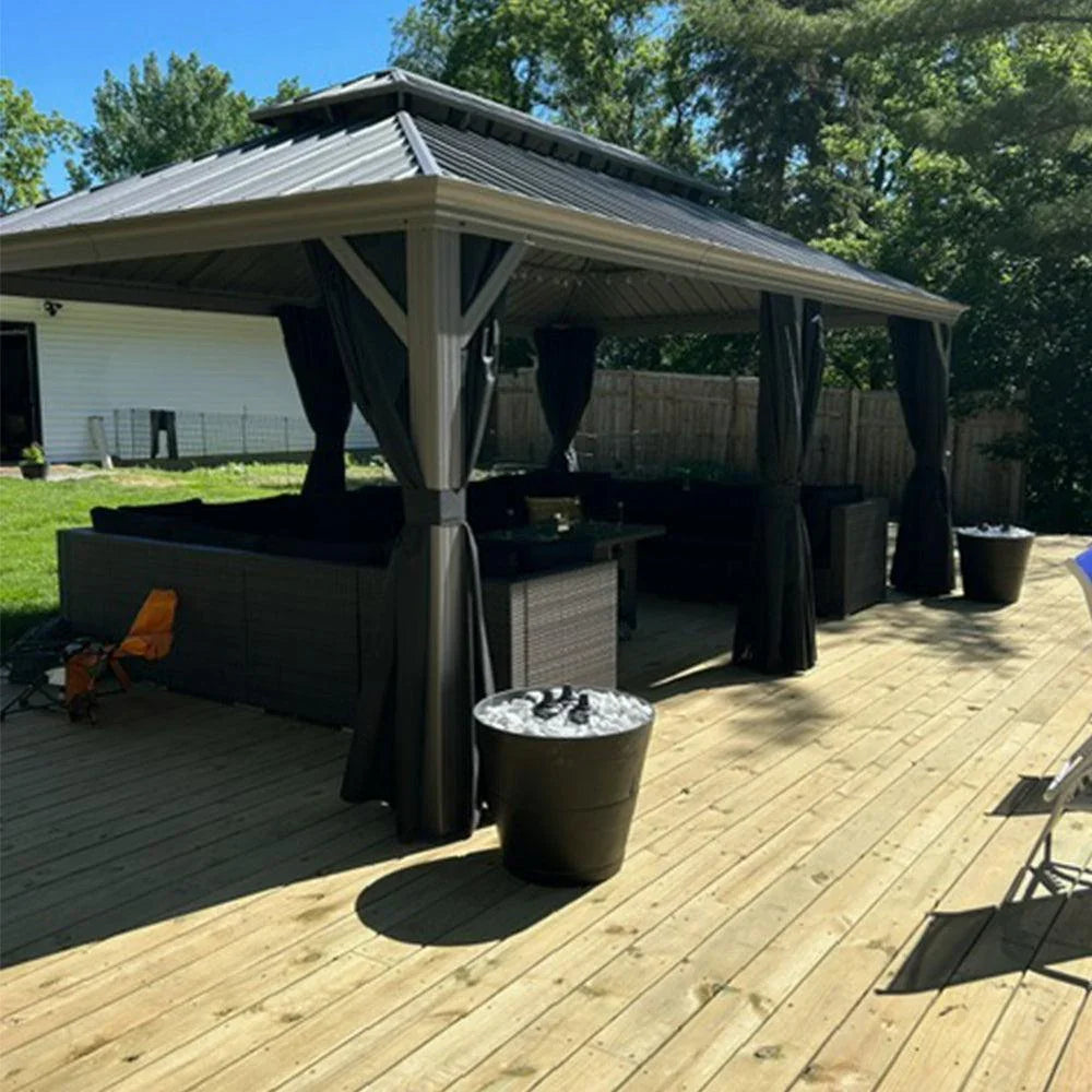 PURPLE LEAF Patio Gazebo for Pool Light Grey Hardtop Galvanized Steel Roof with Upgraded Curtains