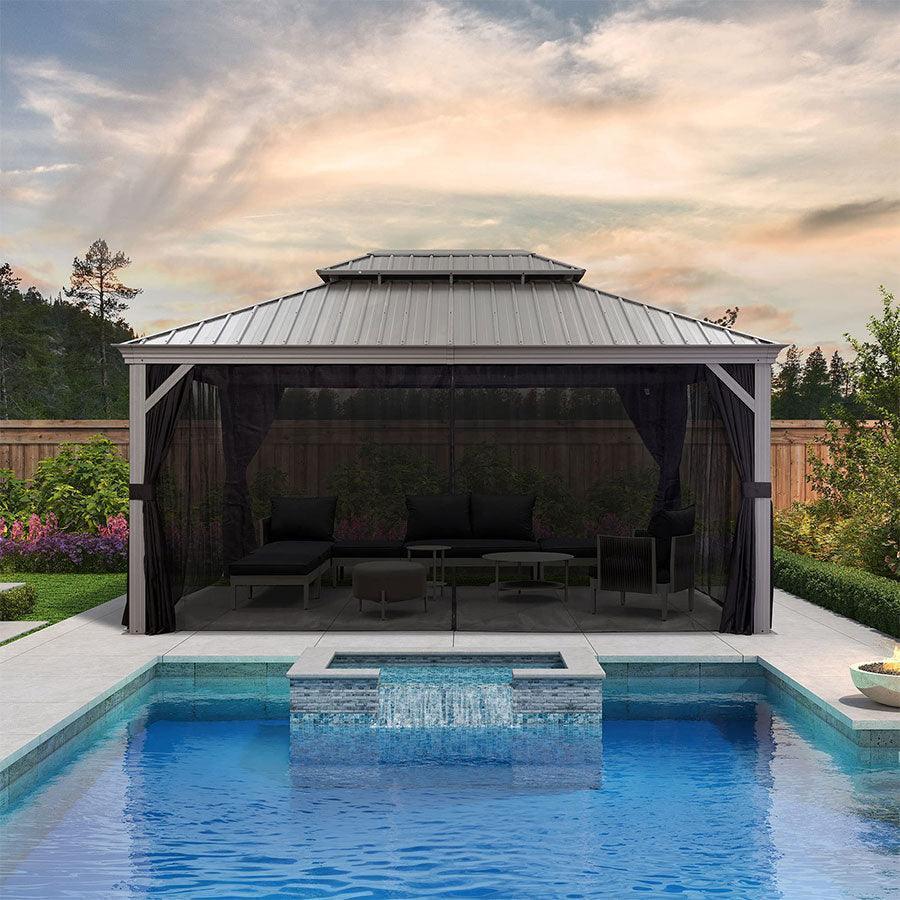 PURPLE LEAF Patio Gazebo for Pool Light Grey Hardtop Galvanized Steel Roof with Upgraded Curtains
