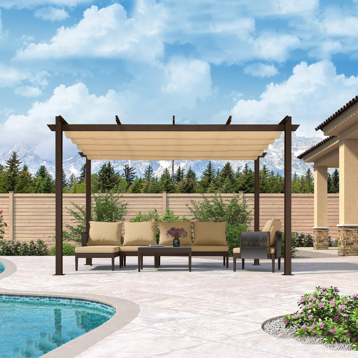 PURPLE LEAF Bronze Pergola Outdoor Retractable Metal Pergola with Canopy with Shade Cover With Curtains