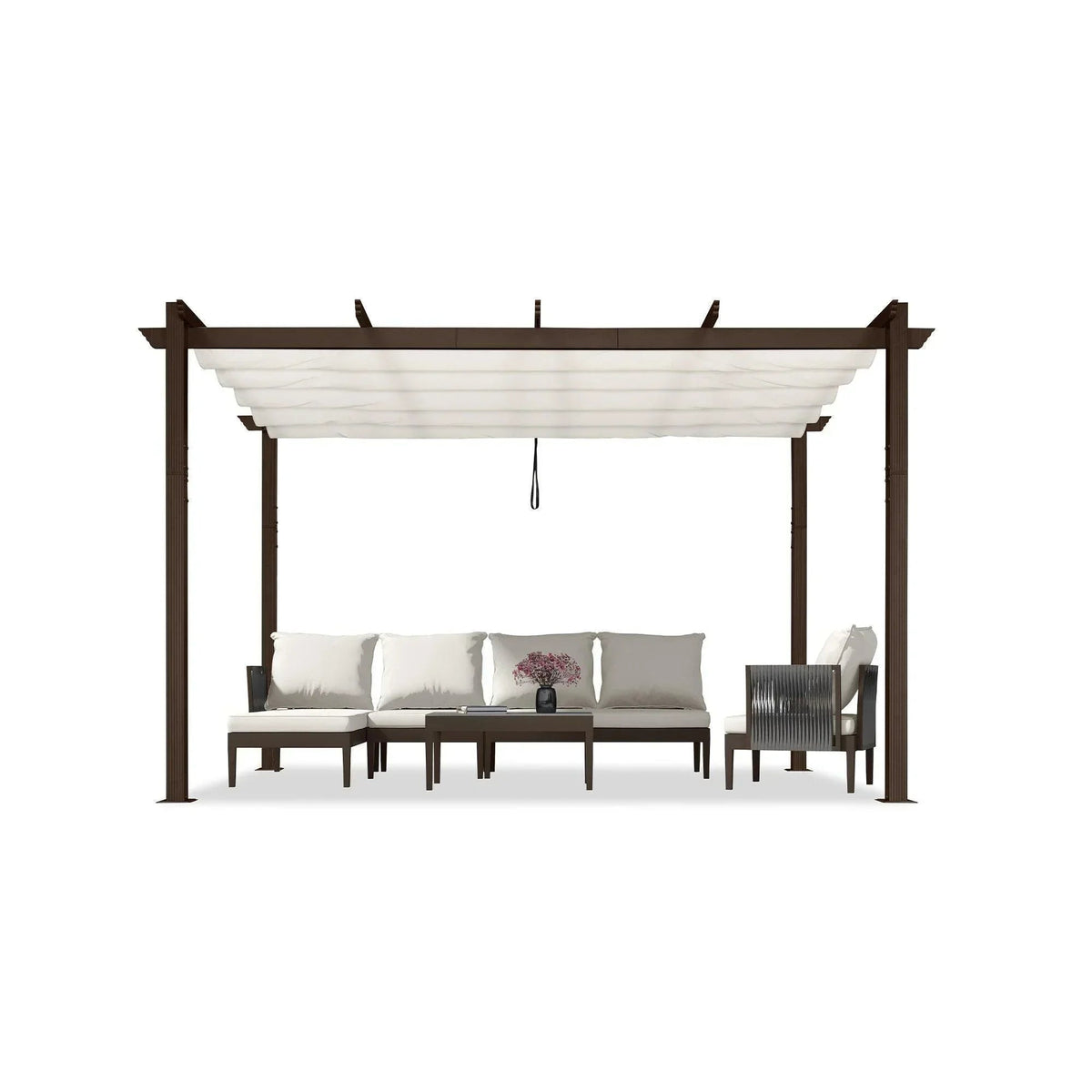 PURPLE LEAF Bronze Pergola Outdoor Retractable Metal Pergola with Canopy with Shade Cover With Curtains