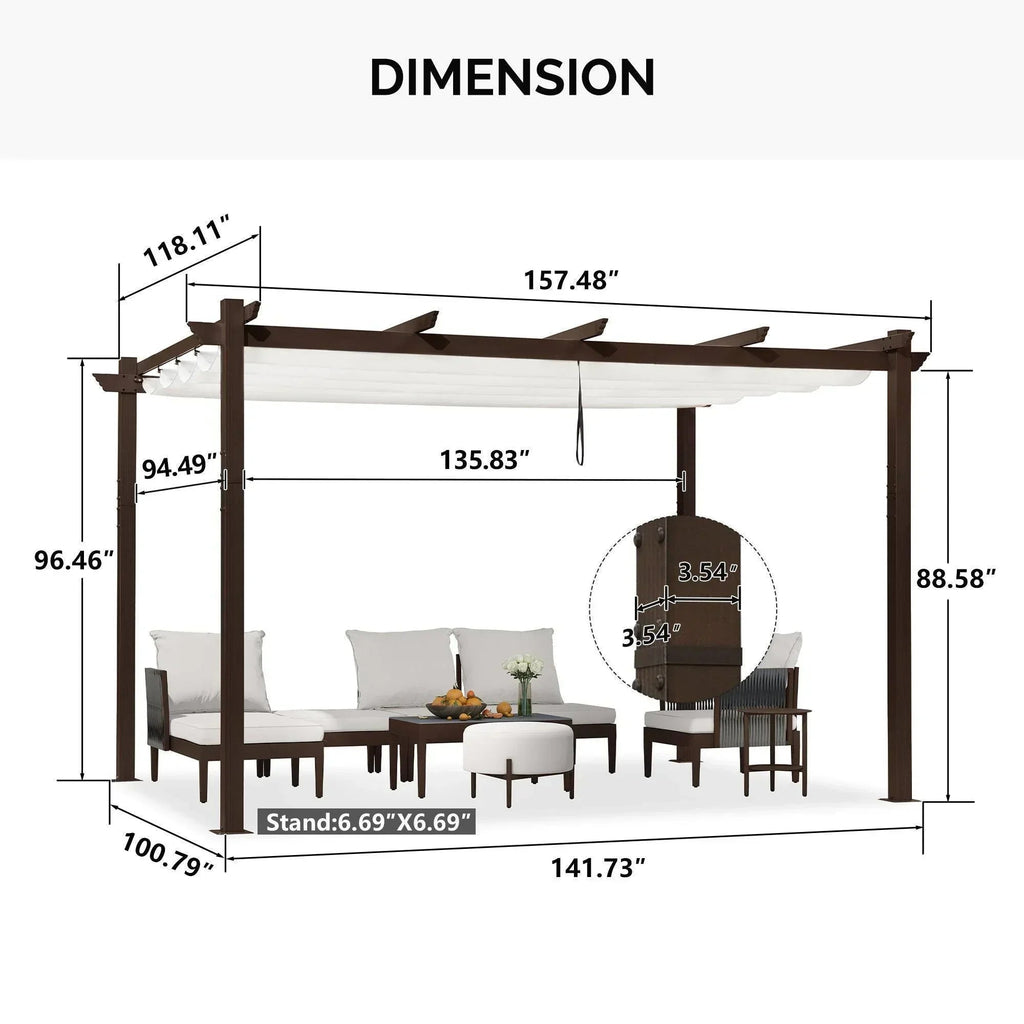 PURPLE LEAF Bronze Pergola Outdoor Retractable Metal Pergola with Canopy with Shade Cover With Curtains