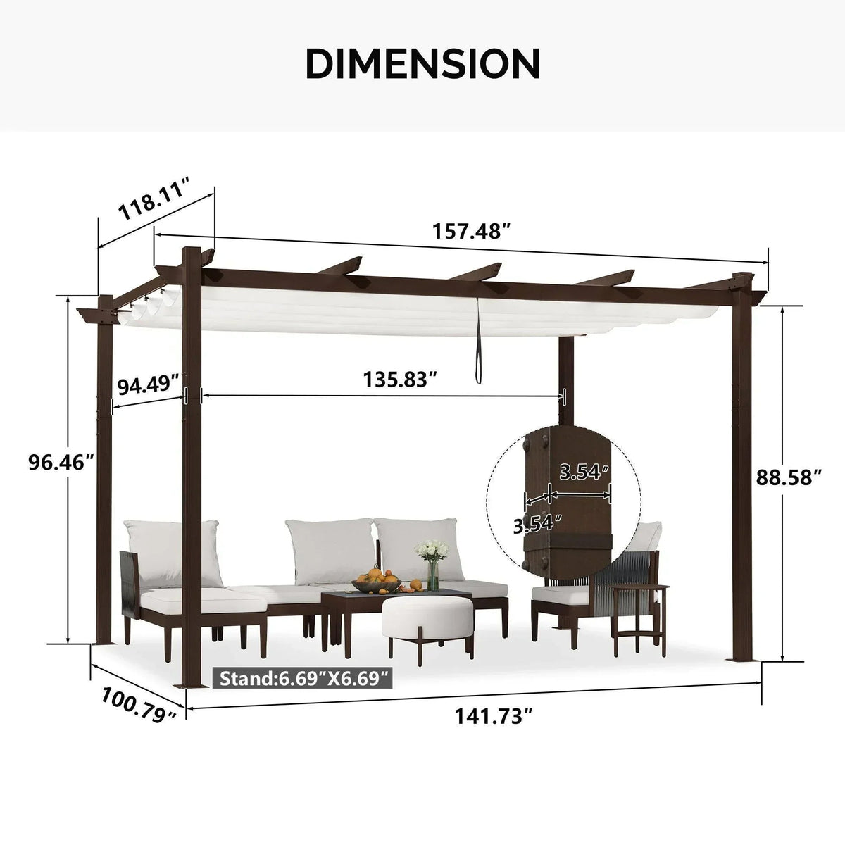 PURPLE LEAF Bronze Pergola Outdoor Retractable Metal Pergola with Canopy with Shade Cover With Curtains