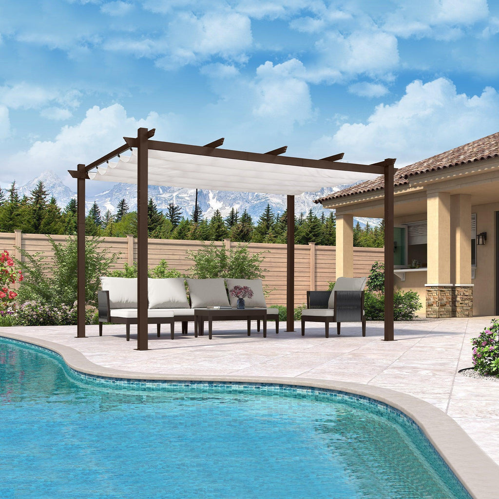PURPLE LEAF Bronze Pergola Outdoor Retractable Metal Pergola with Canopy with Shade Cover With Curtains