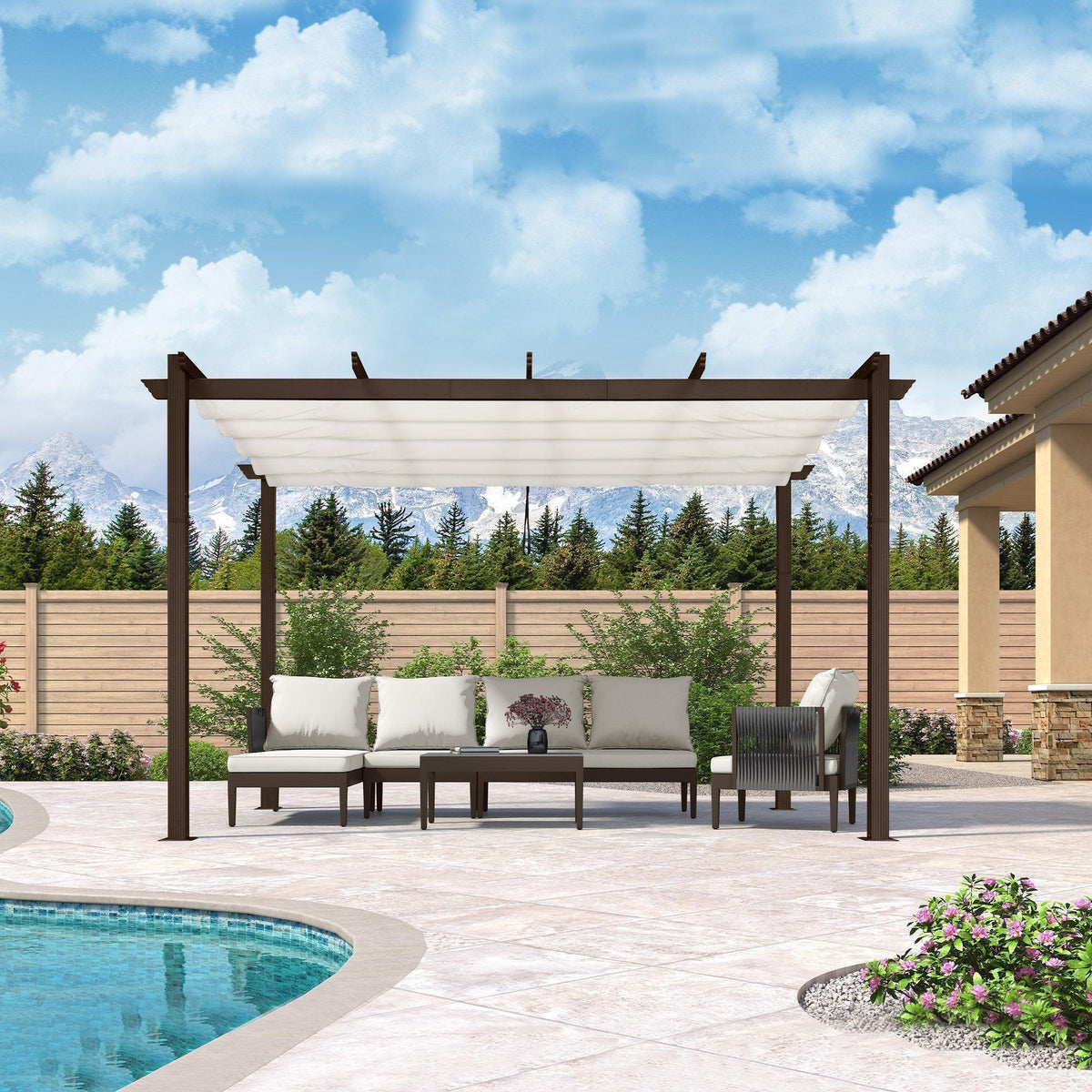 PURPLE LEAF Bronze Pergola Outdoor Retractable Metal Pergola with Canopy with Shade Cover With Curtains