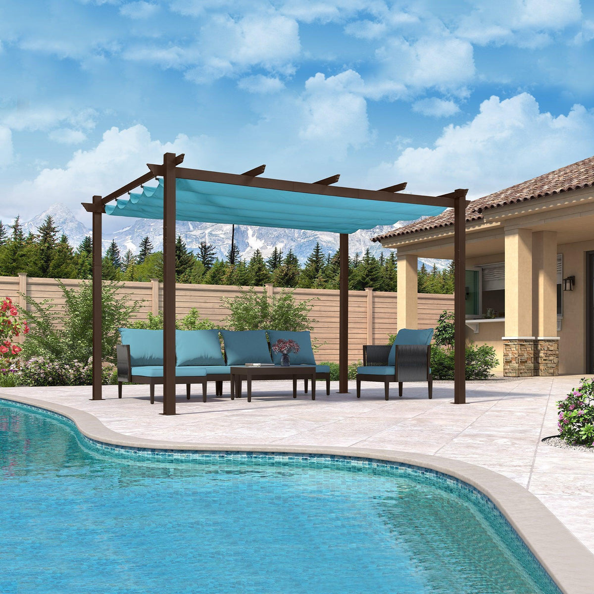 PURPLE LEAF Bronze Pergola Outdoor Retractable Metal Pergola with Canopy with Shade Cover With Curtains