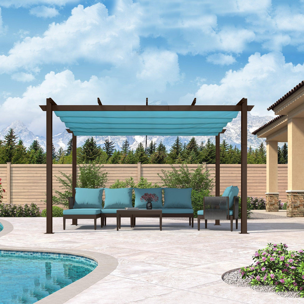 PURPLE LEAF Bronze Pergola Outdoor Retractable Metal Pergola with Canopy with Shade Cover With Curtains