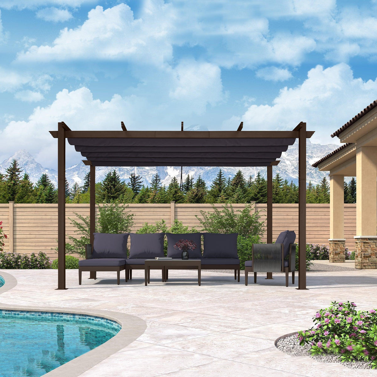PURPLE LEAF Bronze Pergola Outdoor Retractable Metal Pergola with Canopy with Shade Cover With Curtains