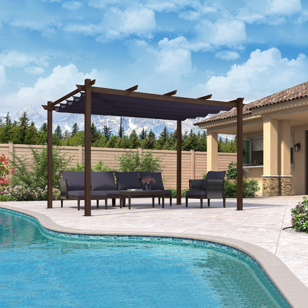 PURPLE LEAF Bronze Pergola Outdoor Retractable Metal Pergola with Canopy with Shade Cover With Curtains