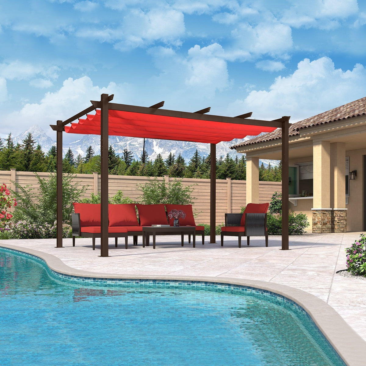 PURPLE LEAF Bronze Pergola Outdoor Retractable Metal Pergola with Canopy with Shade Cover With Curtains