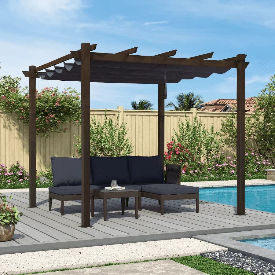 PURPLE LEAF Bronze Pergola Outdoor Retractable Metal Pergola with Canopy with Shade Cover With Curtains