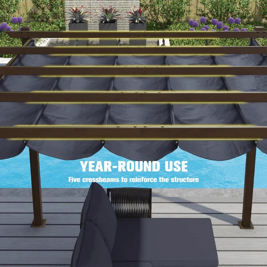 PURPLE LEAF Bronze Pergola Outdoor Retractable Metal Pergola with Canopy with Shade Cover With Curtains